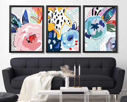 Set of 3 Abstract Modern Pink, Blue Flower Garden