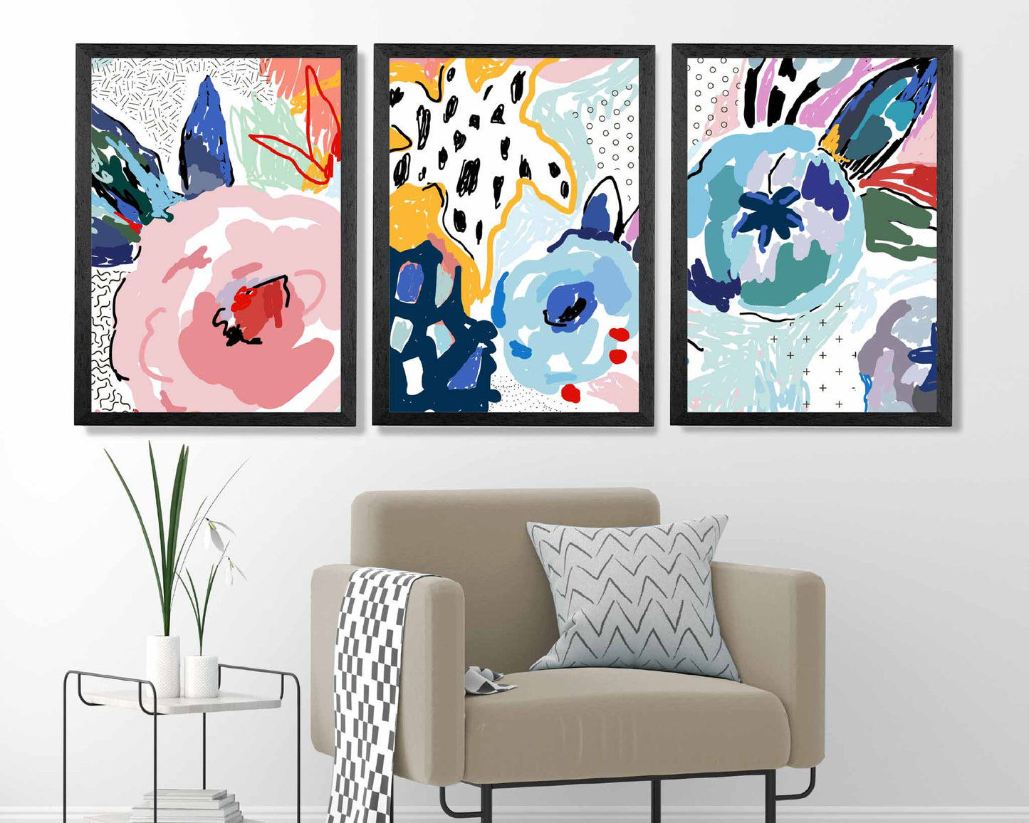 Set of 3 Abstract Modern Pink, Blue Flower Garden