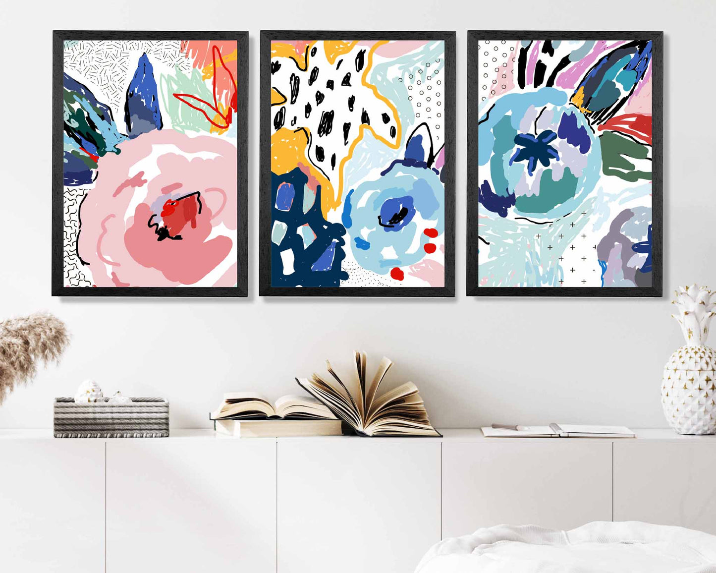 Set of 3 Abstract Modern Pink, Blue Flower Garden