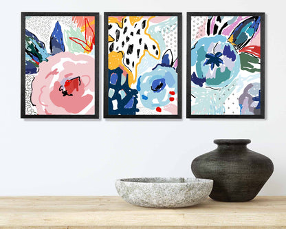 Set of 3 Abstract Modern Pink, Blue Flower Garden