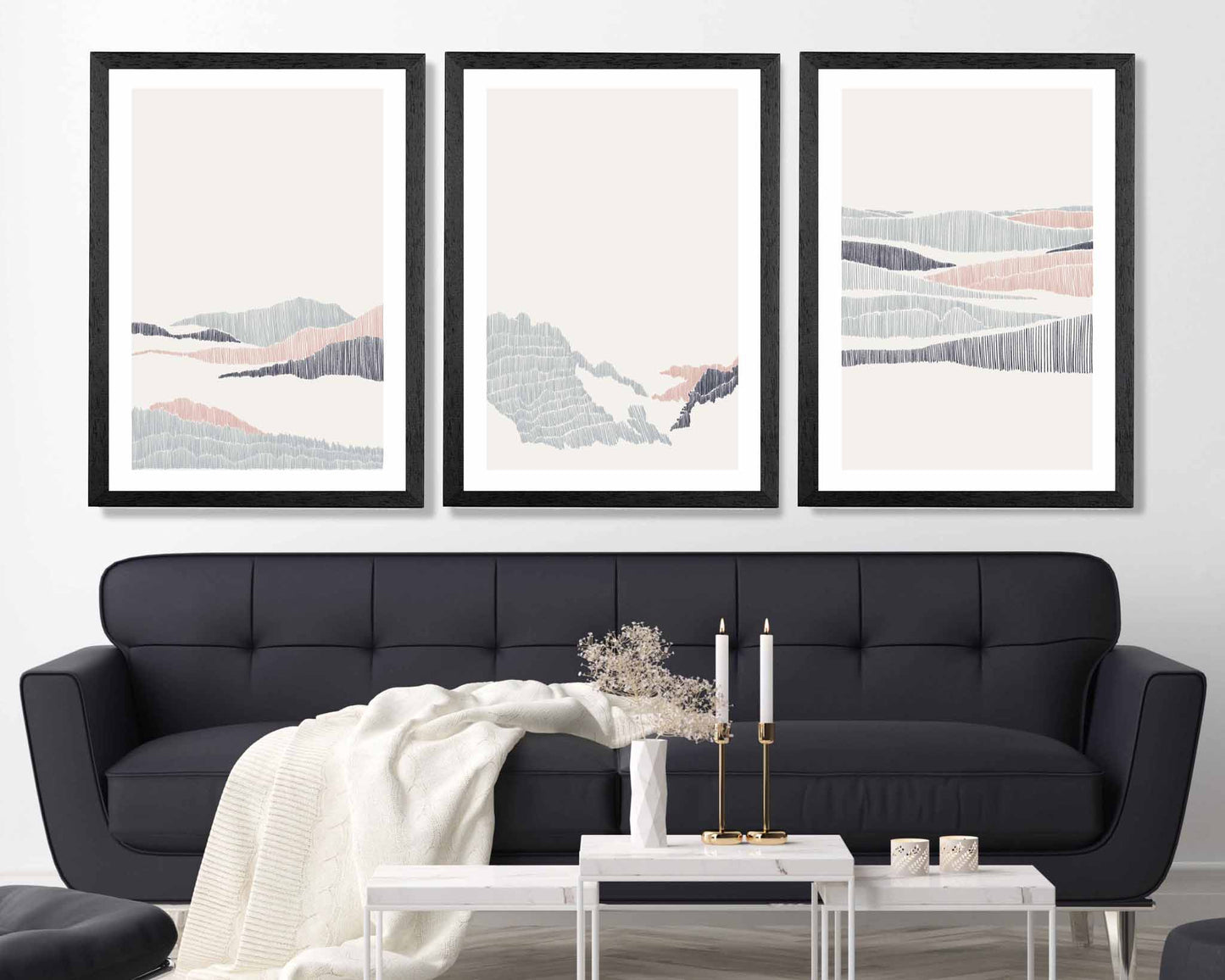 Set of 3 Minimal Line Art Pink, Grey Beach Landscape