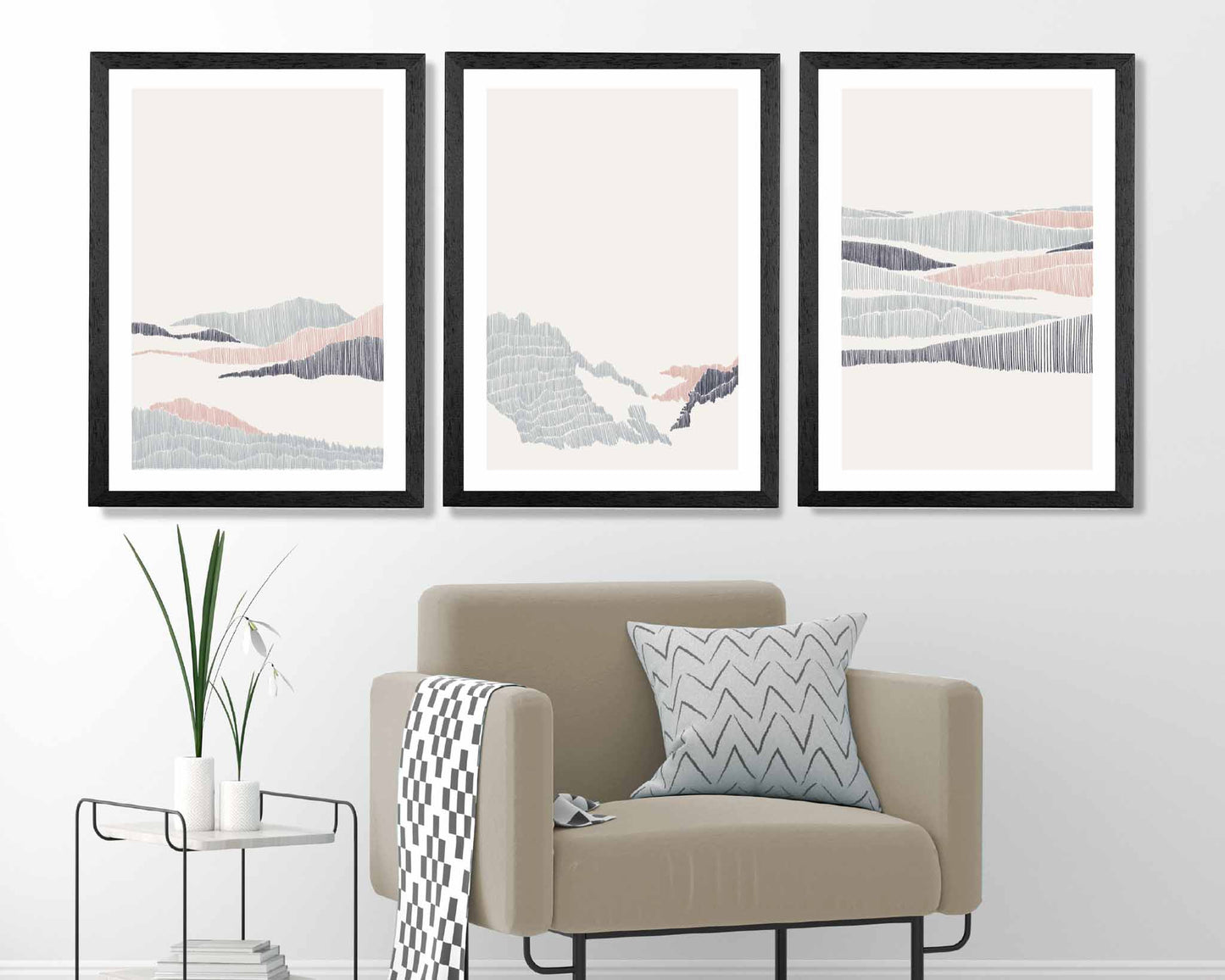 Set of 3 Minimal Line Art Pink, Grey Beach Landscape