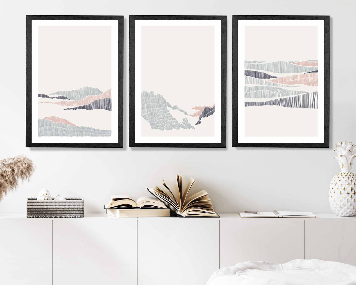 Set of 3 Minimal Line Art Pink, Grey Beach Landscape