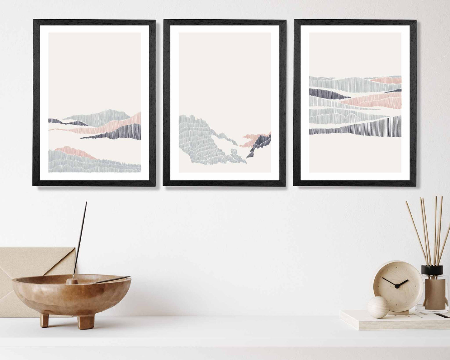 Set of 3 Minimal Line Art Pink, Grey Beach Landscape