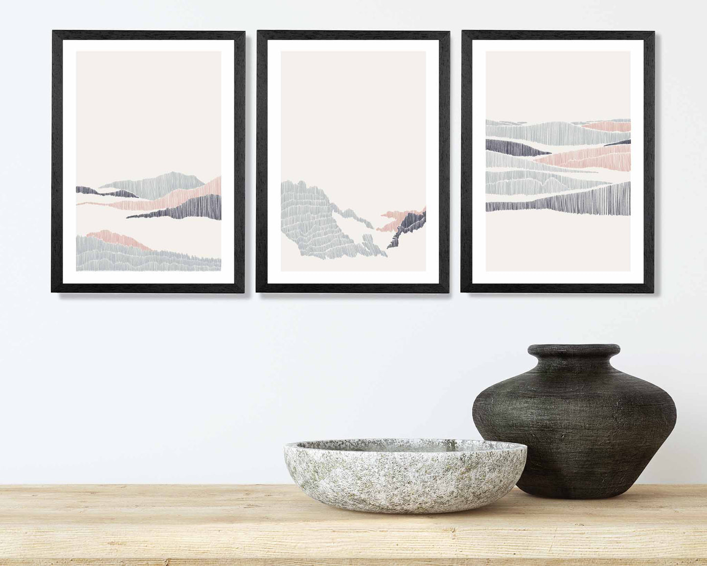 Set of 3 Minimal Line Art Pink, Grey Beach Landscape