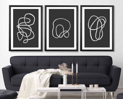 Set of 3 Abstract Black, White Doodle Art Prints