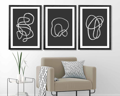 Set of 3 Abstract Black, White Doodle Art Prints