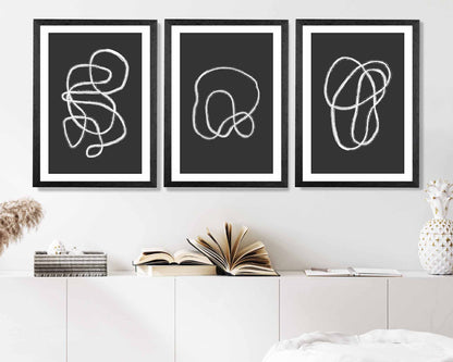 Set of 3 Abstract Black, White Doodle Art Prints