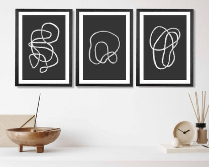 Set of 3 Abstract Black, White Doodle Art Prints