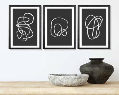 Set of 3 Abstract Black, White Doodle Art Prints