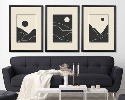 Set of 3 Minimal Line Art Black, Beige Mountains