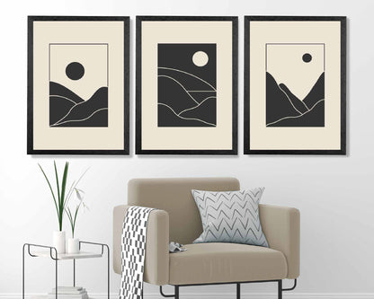 Set of 3 Minimal Line Art Black, Beige Mountains