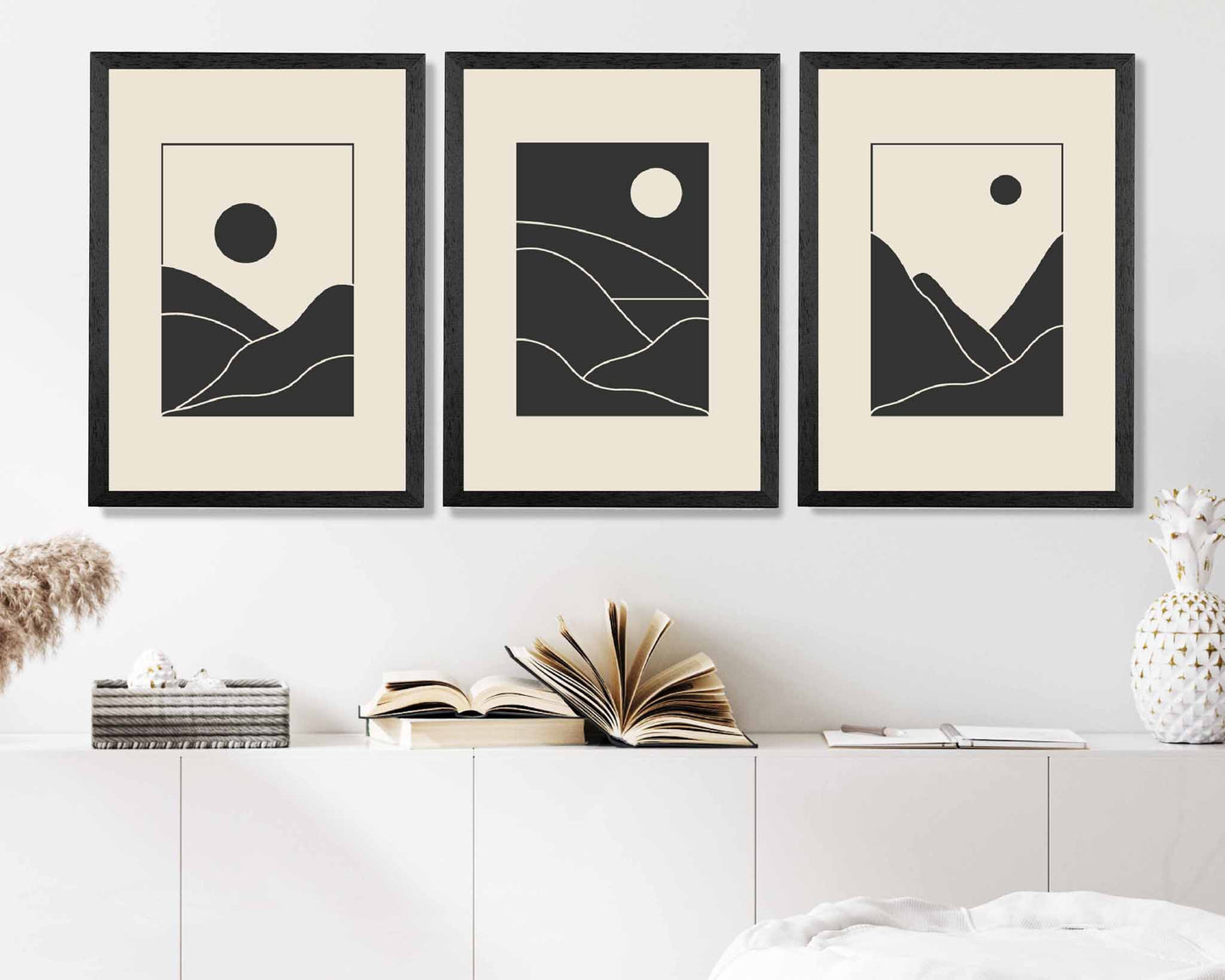 Set of 3 Minimal Line Art Black, Beige Mountains