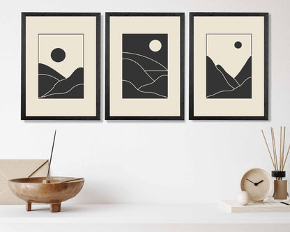 Set of 3 Minimal Line Art Black, Beige Mountains