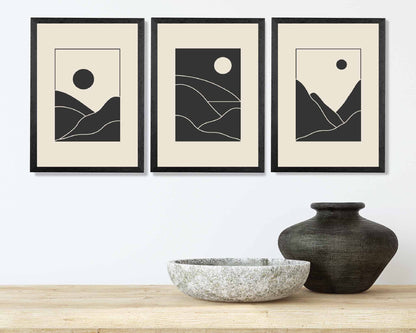 Set of 3 Minimal Line Art Black, Beige Mountains