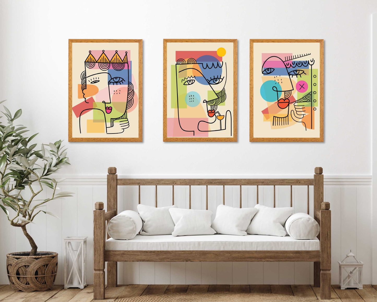 Set of 3 Abstract Illustrations Bright, Colourful Faces