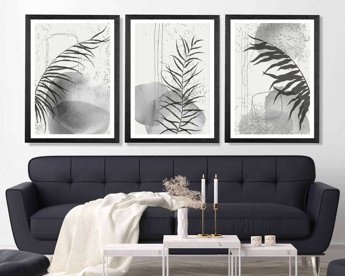 Set of 3 Abstract Black, Grey Graffiti Leaf Prints