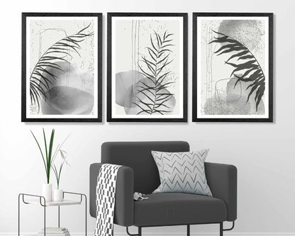 Set of 3 Abstract Black, Grey Graffiti Leaf Prints