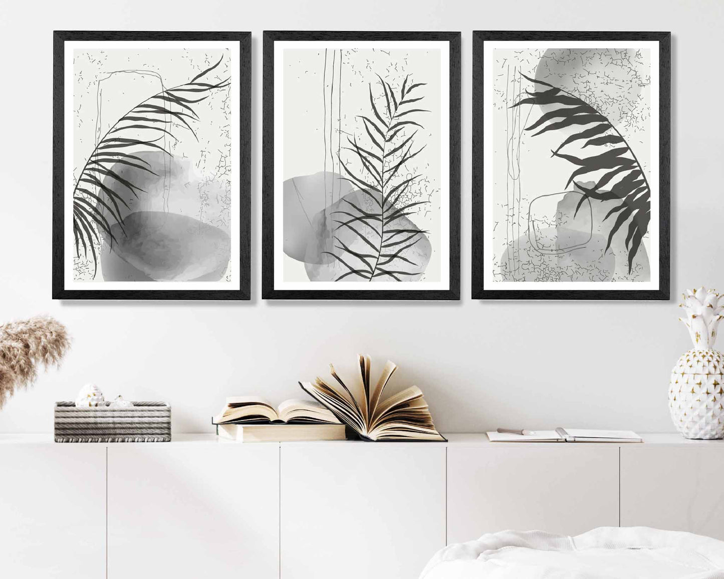 Set of 3 Abstract Black, Grey Graffiti Leaf Prints