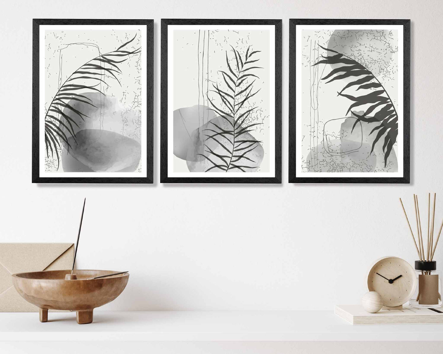 Set of 3 Abstract Black, Grey Graffiti Leaf Prints