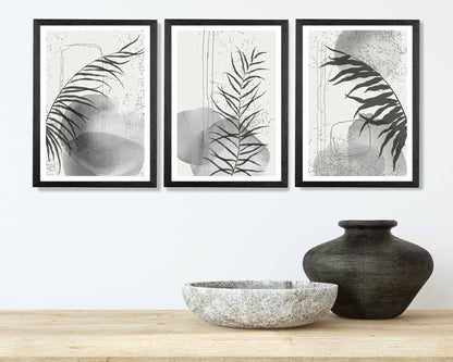 Set of 3 Abstract Black, Grey Graffiti Leaf Prints