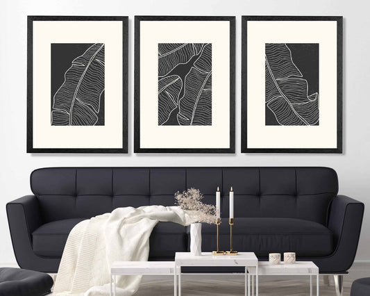 Set of 3 Minimal Line Art Cream, Black Leaf