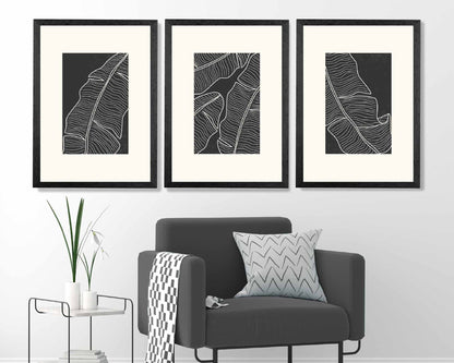 Set of 3 Minimal Line Art Cream, Black Leaf