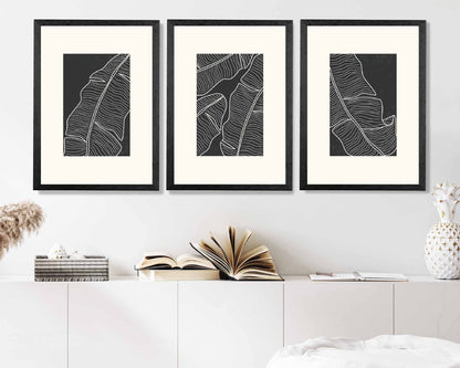 Set of 3 Minimal Line Art Cream, Black Leaf