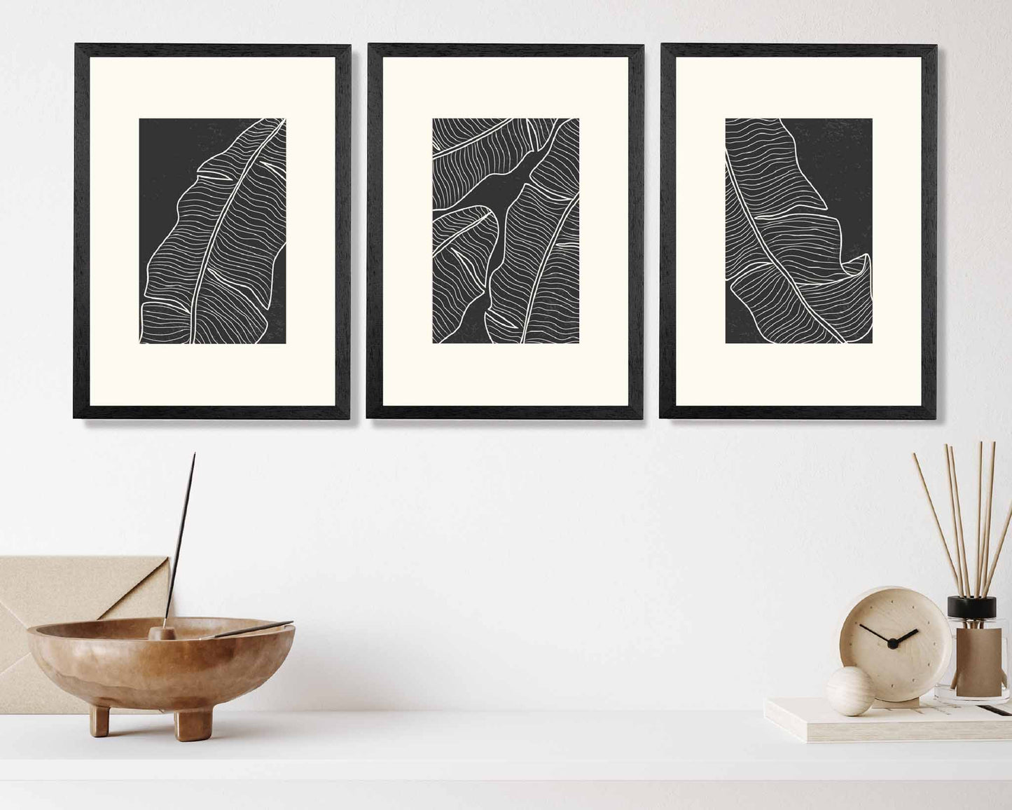 Set of 3 Minimal Line Art Cream, Black Leaf