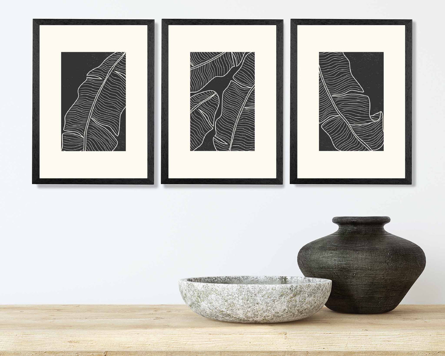 Set of 3 Minimal Line Art Cream, Black Leaf