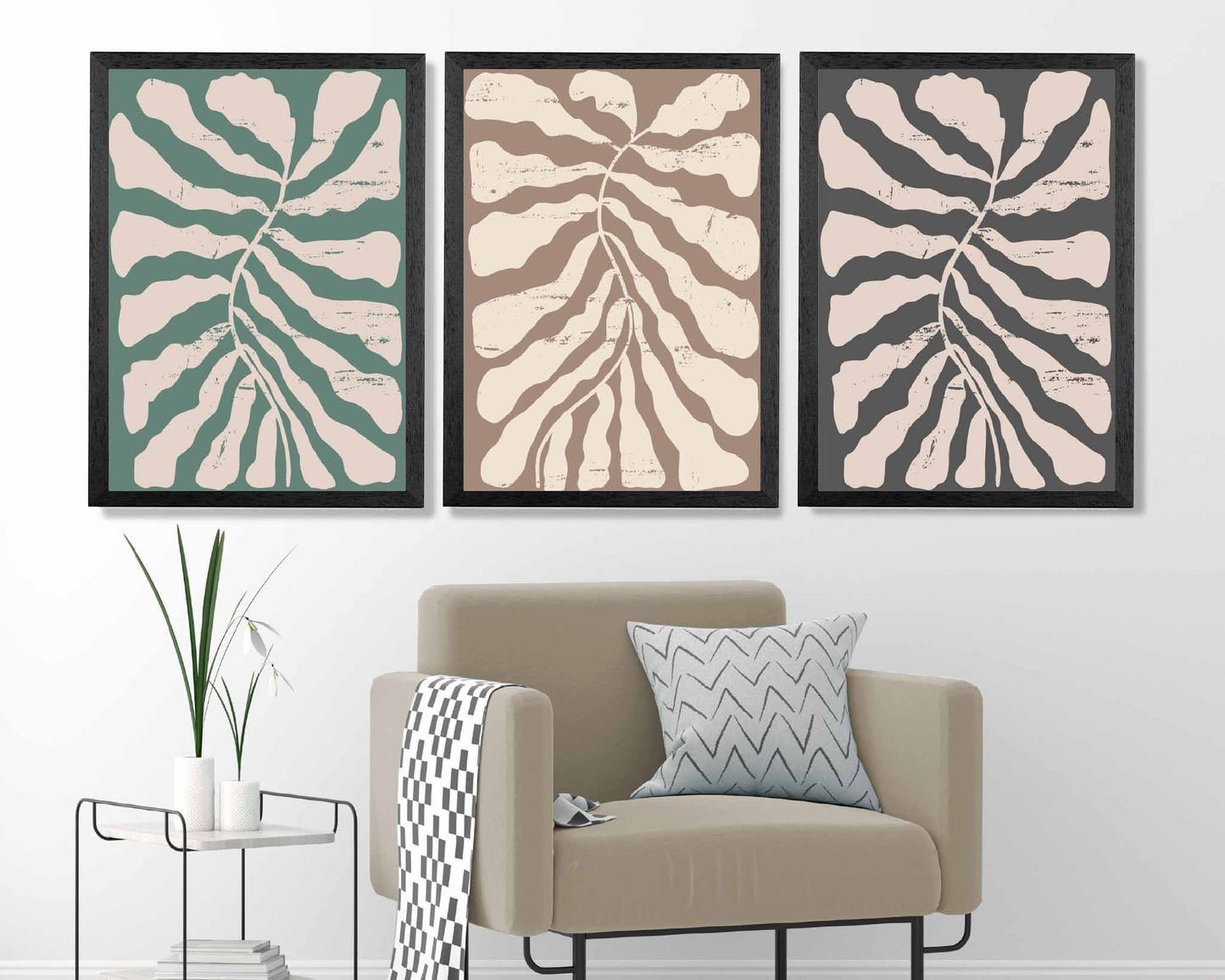 Set of 3 Modern Green, Beige Abstract Floral Shapes