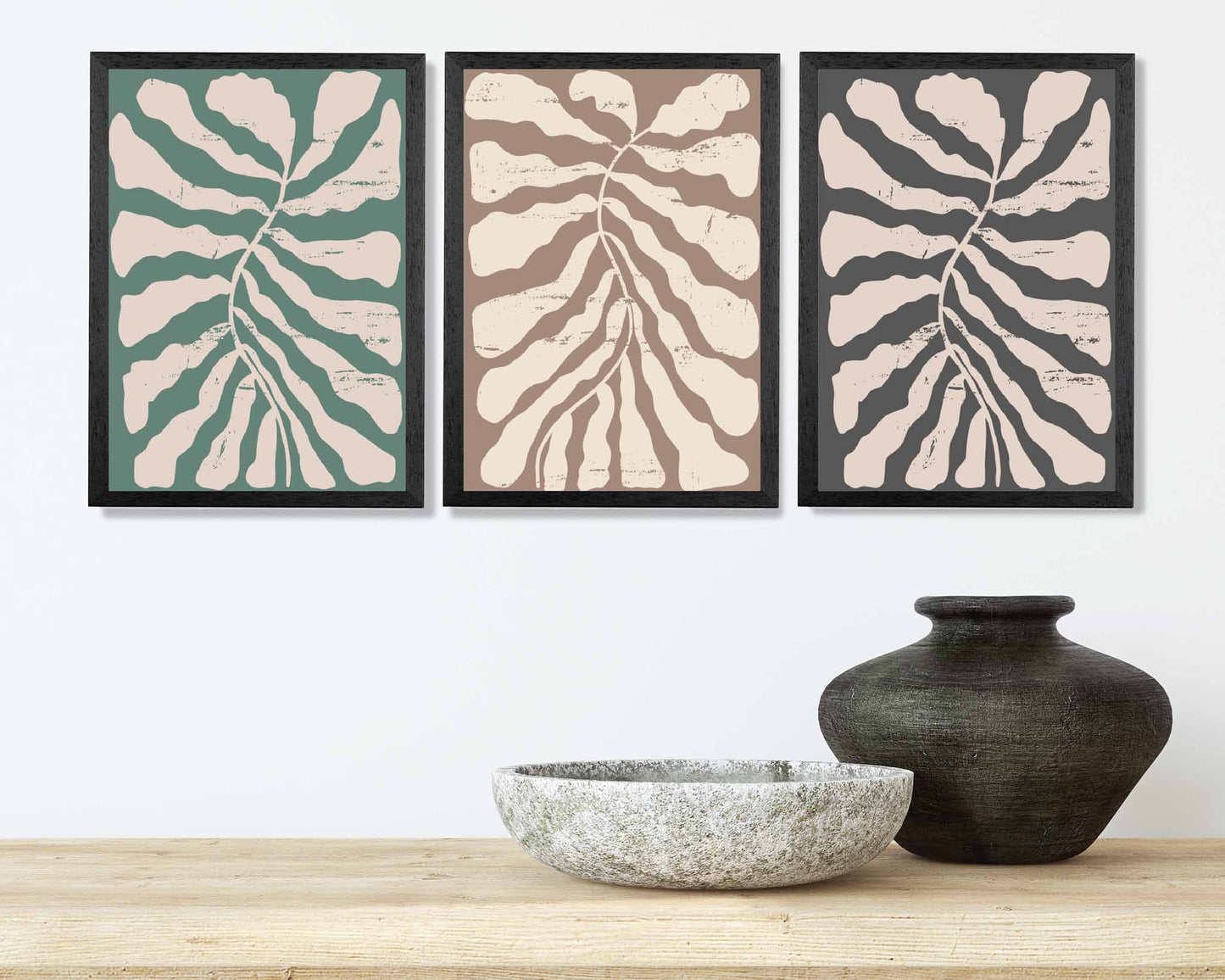 Set of 3 Modern Green, Beige Abstract Floral Shapes