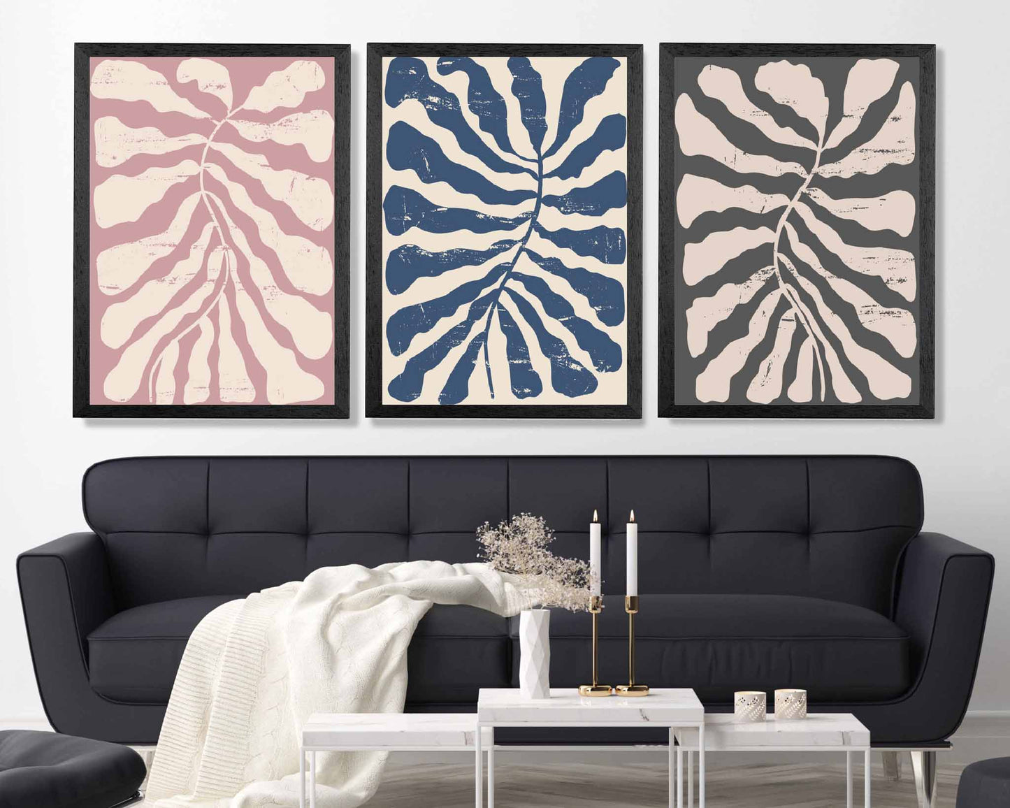 Set of 3 Modern Blue, Pink Abstract Floral Shapes