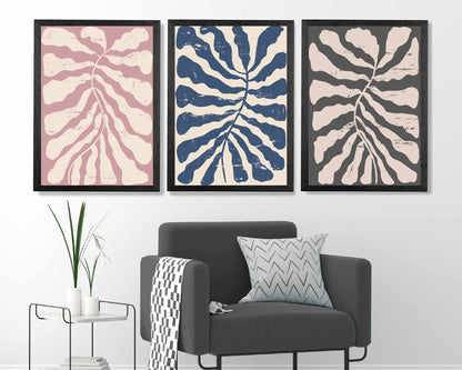 Set of 3 Modern Blue, Pink Abstract Floral Shapes