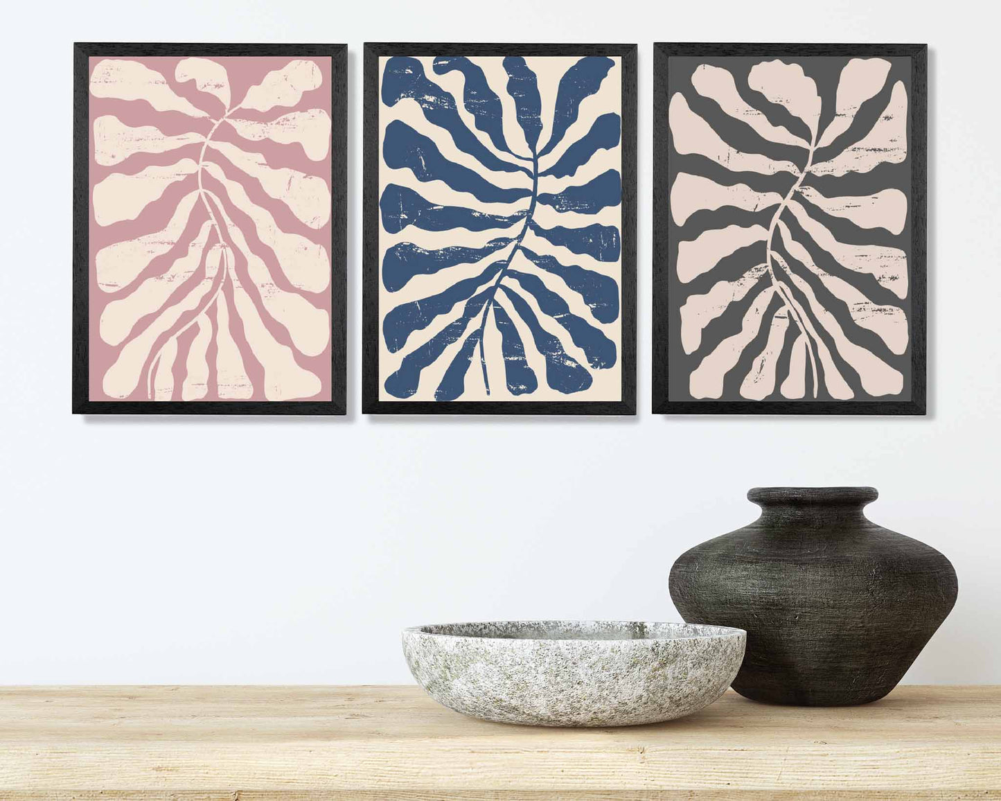 Set of 3 Modern Blue, Pink Abstract Floral Shapes