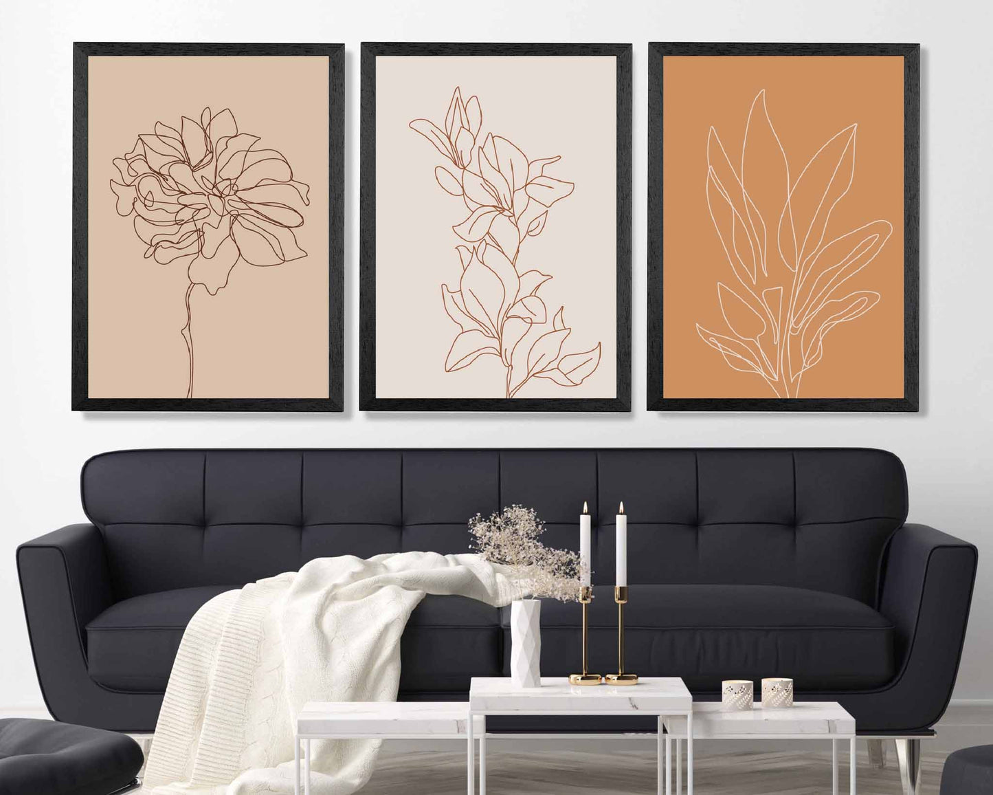 Set of 3 Beige, Orange Line Art Sketch Flower Art Prints