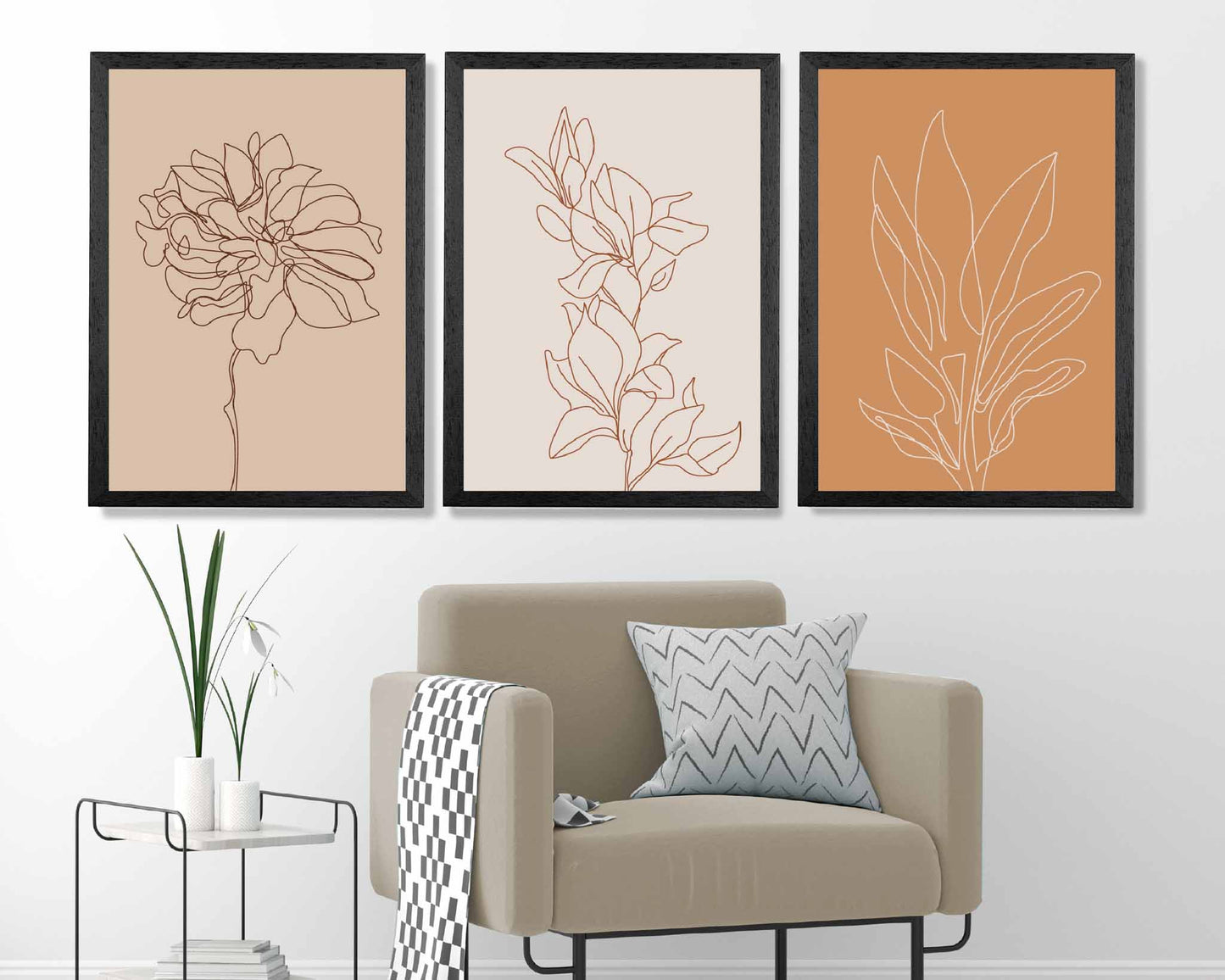 Set of 3 Beige, Orange Line Art Sketch Flower Art Prints