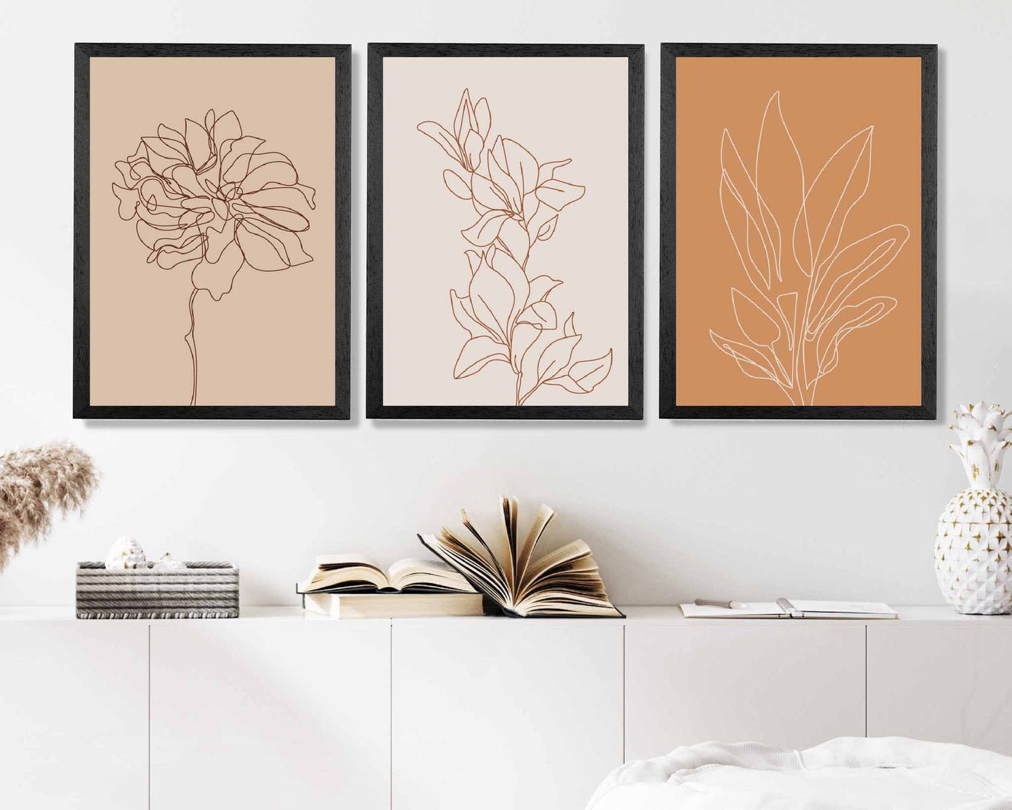 Set of 3 Beige, Orange Line Art Sketch Flower Art Prints