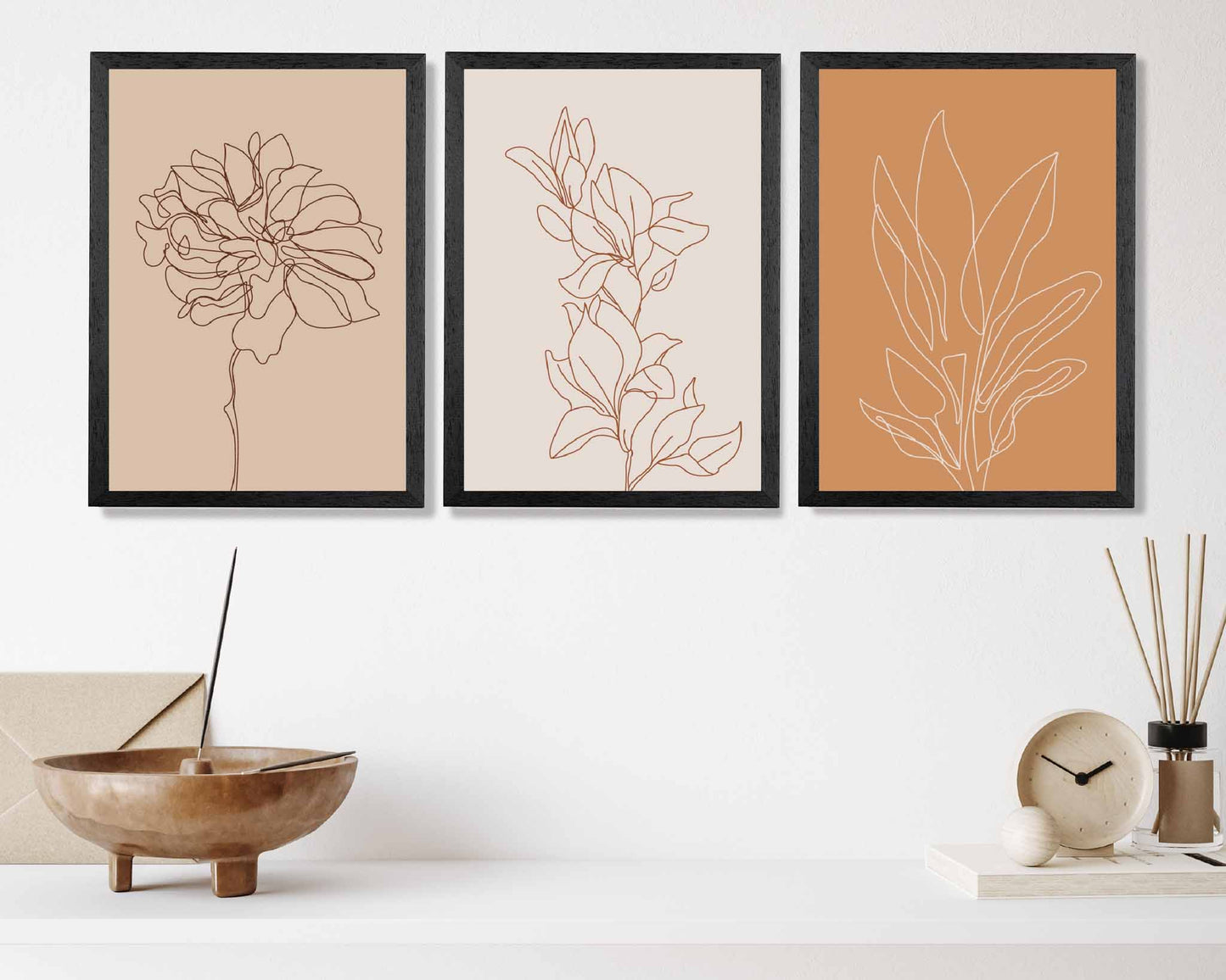 Set of 3 Beige, Orange Line Art Sketch Flower Art Prints