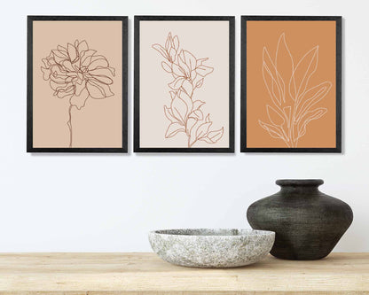 Set of 3 Beige, Orange Line Art Sketch Flower Art Prints