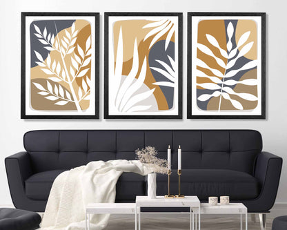 Set of 3 Boho Modern Blue, Beige Tropical Leaves