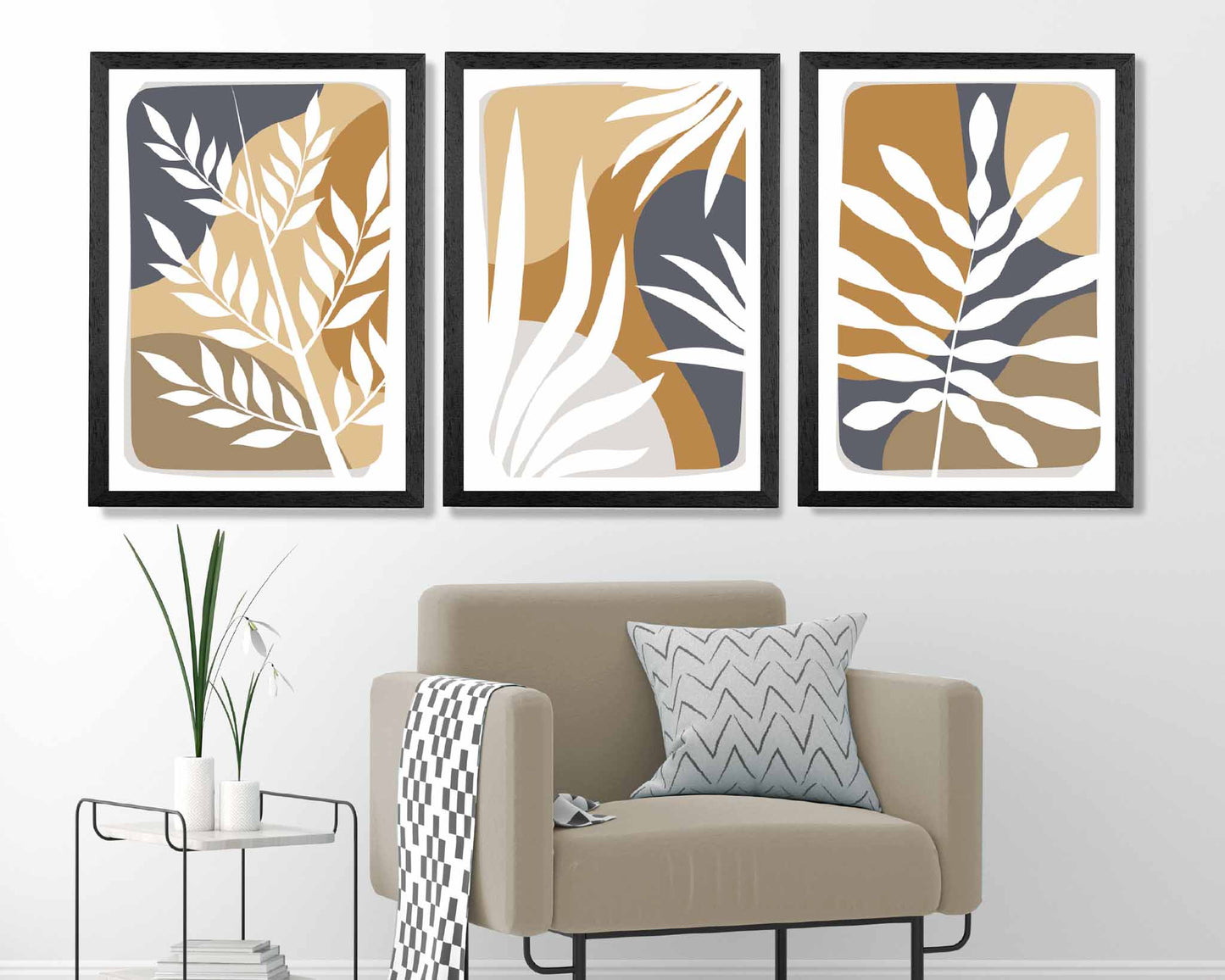 Set of 3 Boho Modern Blue, Beige Tropical Leaves