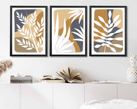 Set of 3 Boho Modern Blue, Beige Tropical Leaves Prints | Wall Art Plaza