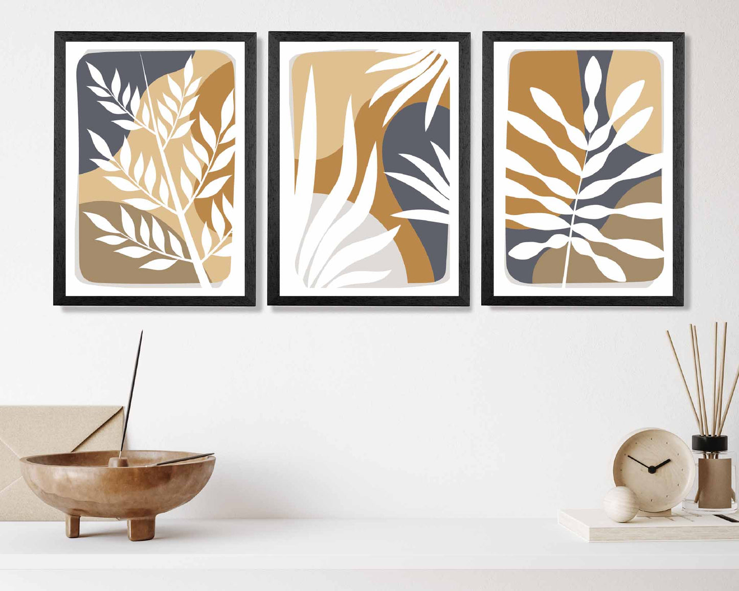 Set of 3 Boho Modern Blue, Beige Tropical Leaves