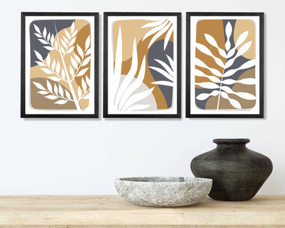 Set of 3 Boho Modern Blue, Beige Tropical Leaves