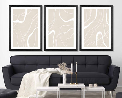 Set of 3 Abstract Beige, White Lines