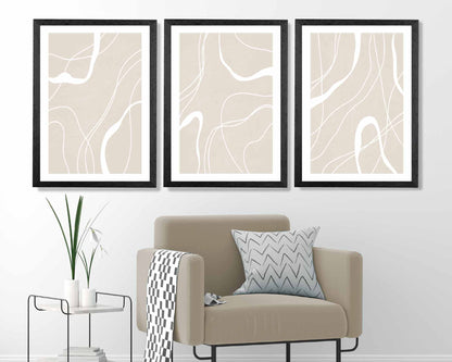 Set of 3 Abstract Beige, White Lines