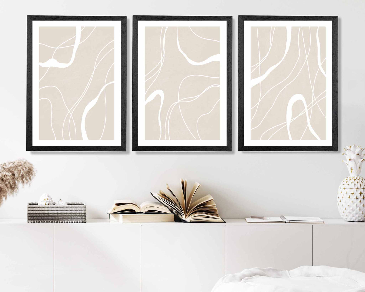 Set of 3 Abstract Beige, White Lines