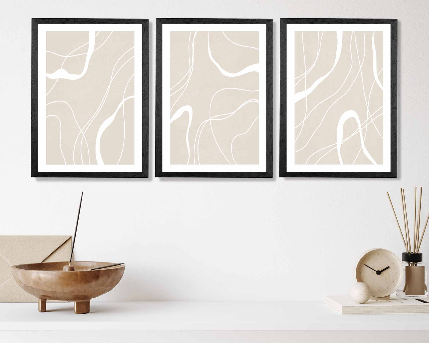 Set of 3 Abstract Beige, White Lines