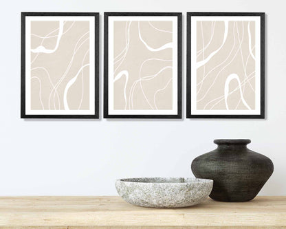 Set of 3 Abstract Beige, White Lines